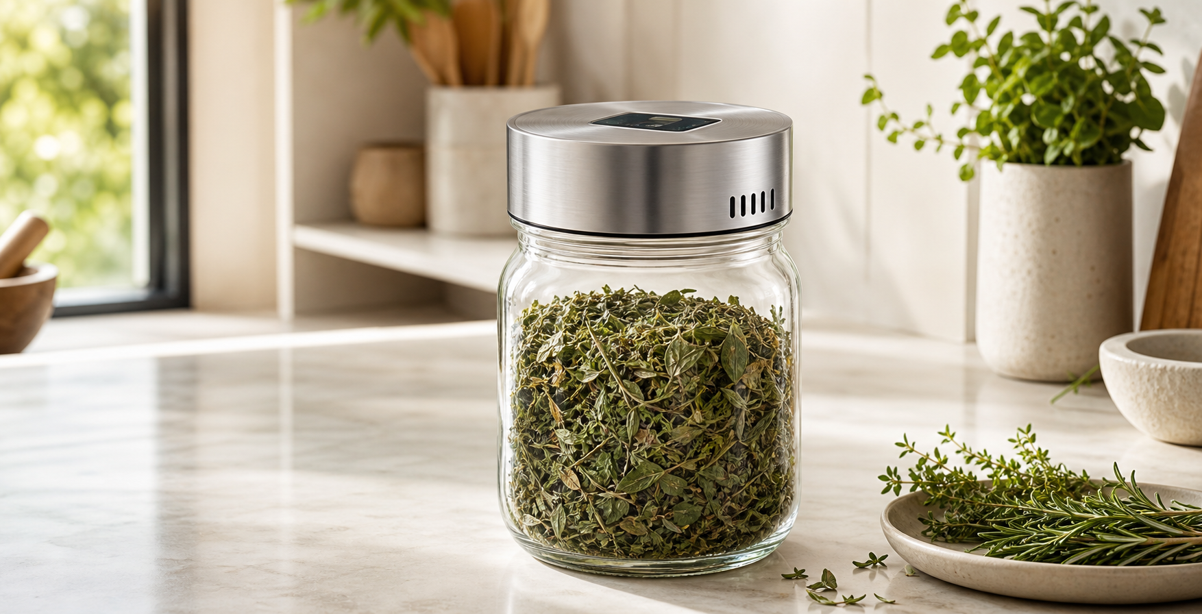 Essentia smart cap on a mason jar filled with herbs