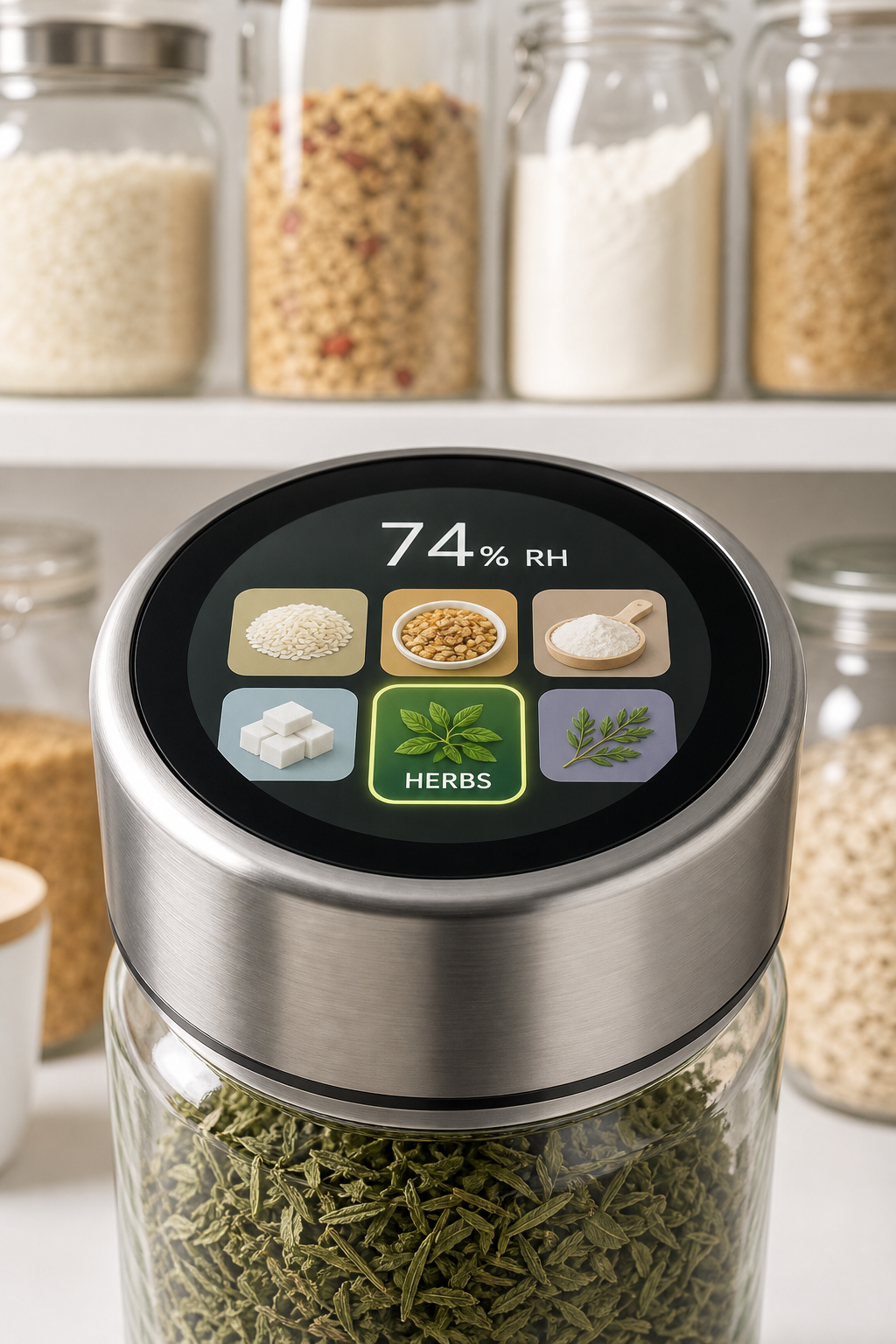 Close-up of Essentia cap with LCD preset interface on a mason jar